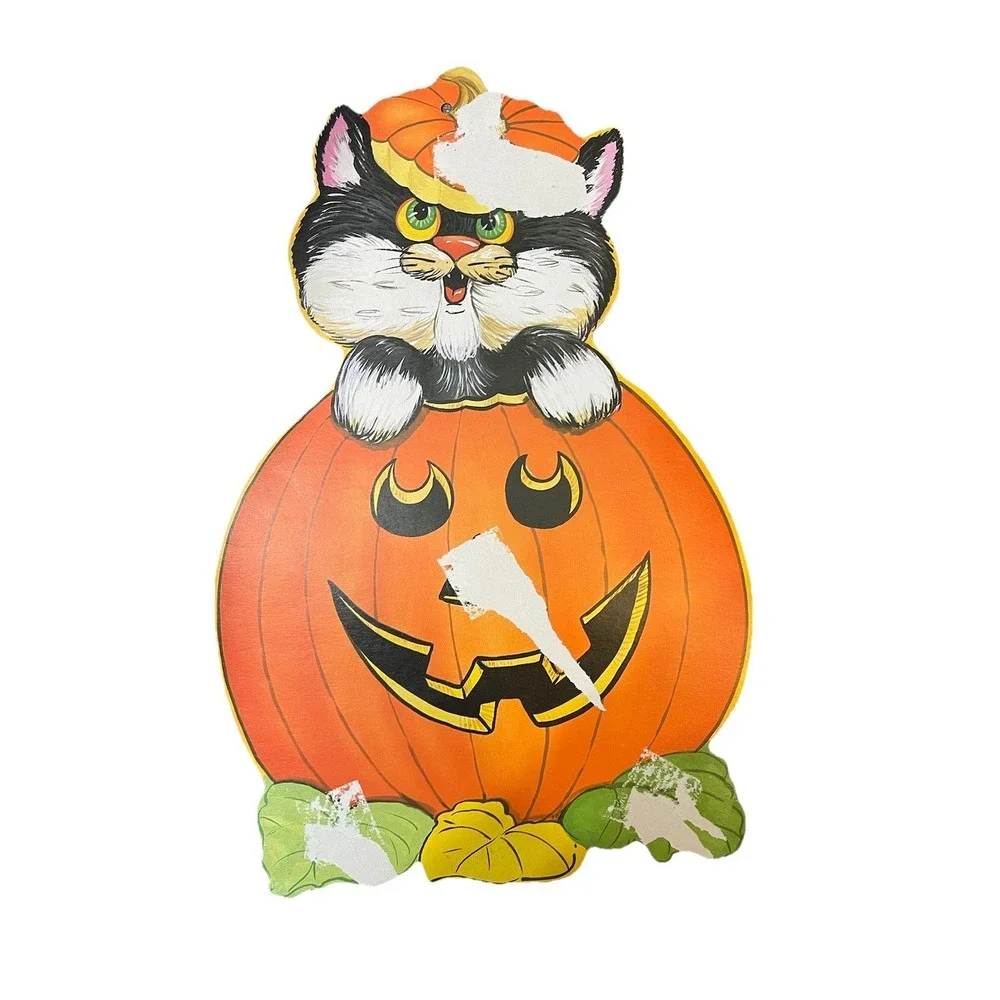 Vtg Eureka Halloween Decoration Cardstock Black Cat in Pumpkin Two Sided Velvet